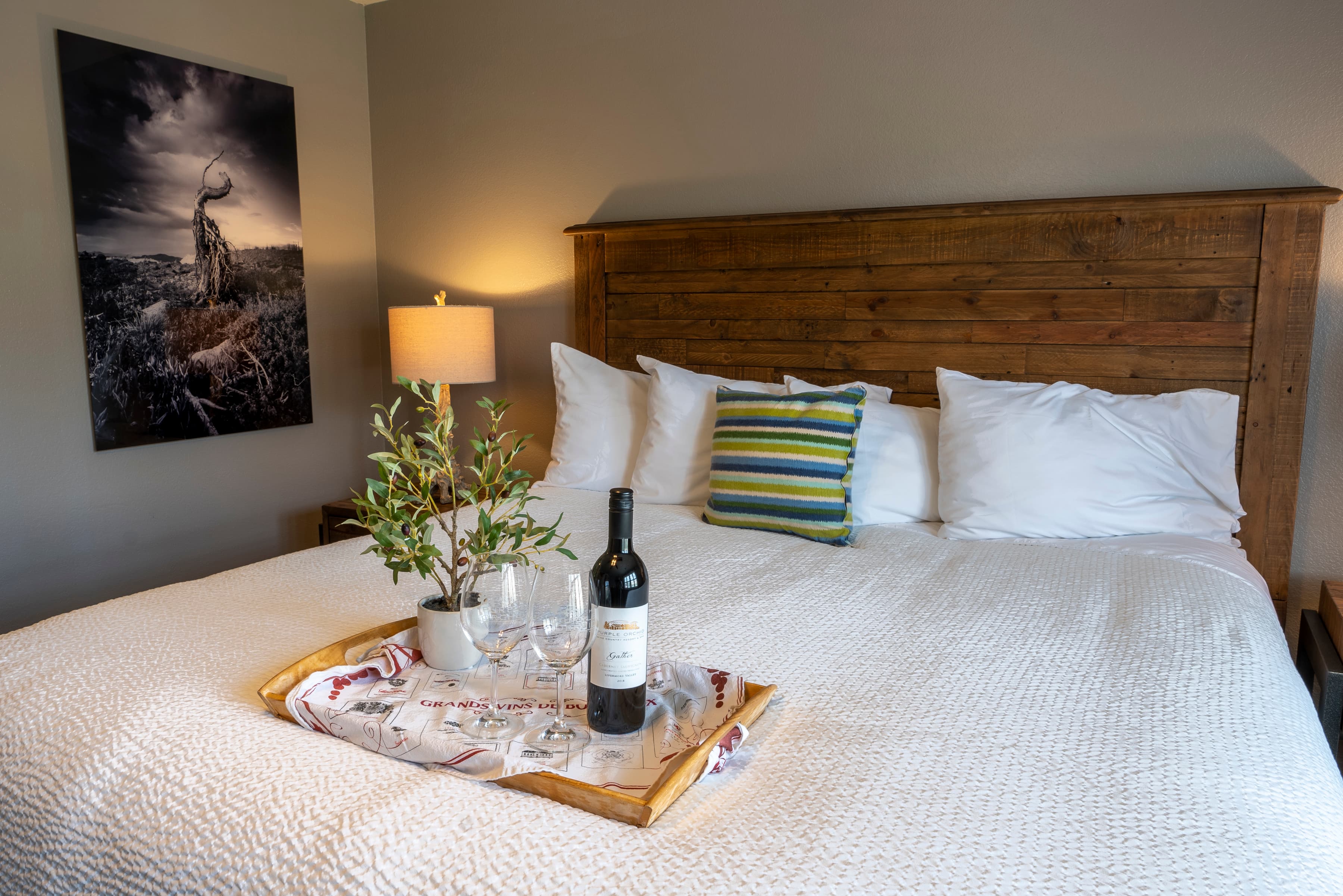 A spacious room with a king-size bed, two nightstands, and a ceiling fan. The window overlooks the olive orchard.