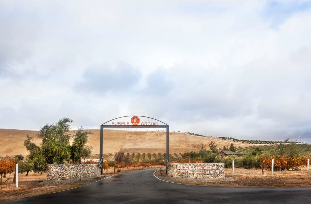 Entrance gate to Purple Orchid vineyard with rolling hills in the background.
