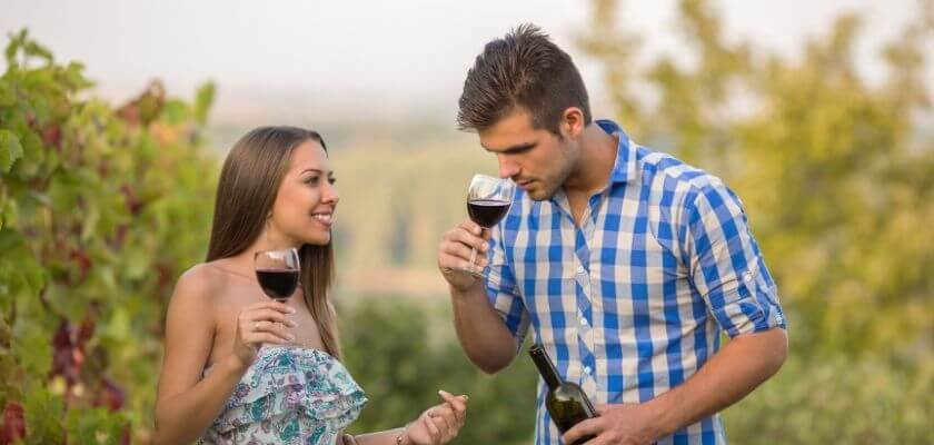 A couple enjoys red wine together in a vineyard.