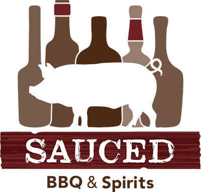 The logo for "Sauced BBQ & Spirits" featuring a silhouette of a pig and various bottles.