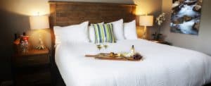 Cozy bedroom featuring a king-sized bed with decorative pillows and bedside lamps.