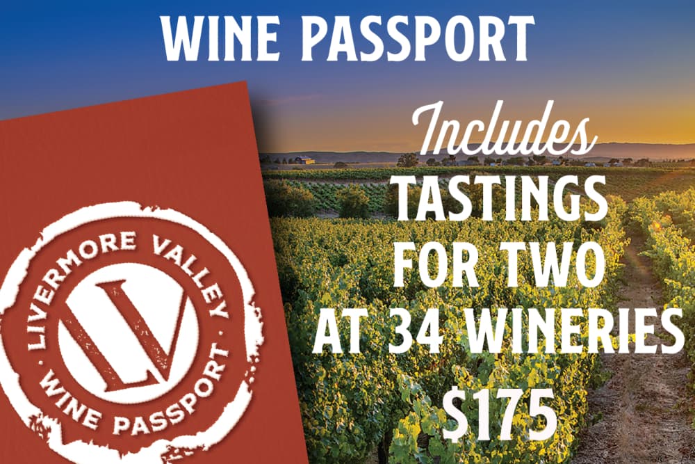 Graphic promoting the Livermore Valley Wine Passport, offering tastings for two at 34 wineries for $175.