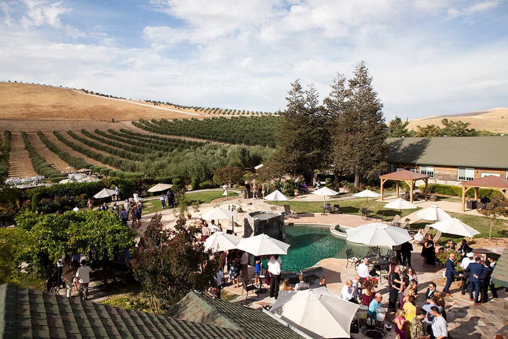 A scenic outdoor event with guests mingling around a pool and lush green hills in the background.