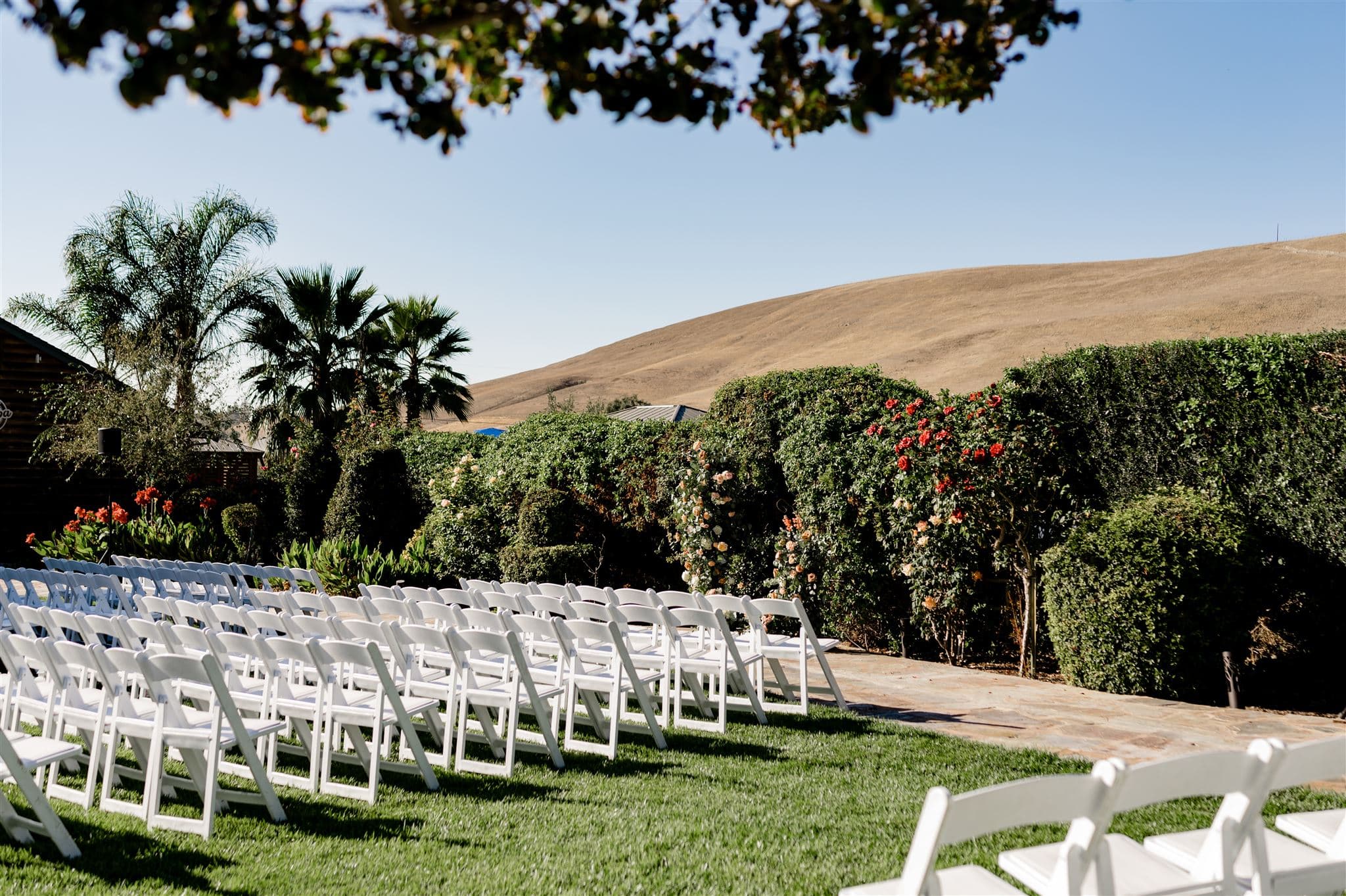 An outdoor wedding setup with rows of white chairs, lush greenery, and a scenic hillside backdrop.