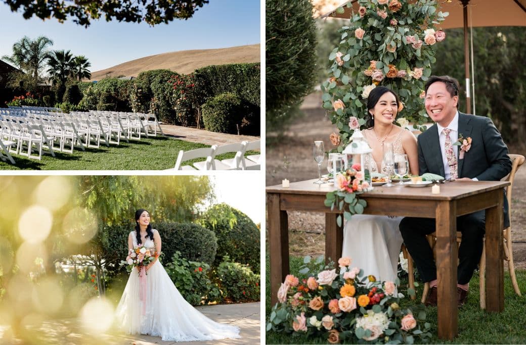 A wedding collage featuring a ceremony setup, a bride, and a joyful couple at a decorated table. A wedding collage featuring a ceremony setup, a bride, and a joyful couple at a decorated table.