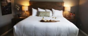 A cozy bedroom featuring a large bed with white bedding and decorative pillows, flanked by two lamps.