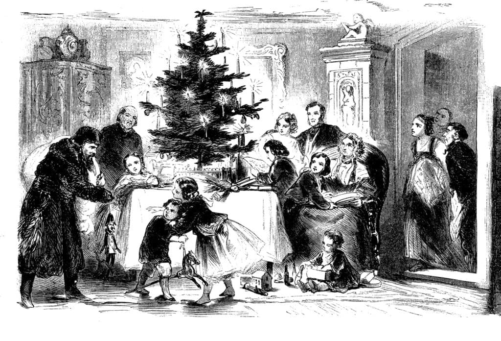 A Victorian-era family gathers around a Christmas tree, enjoying festivities and exchanging gifts.