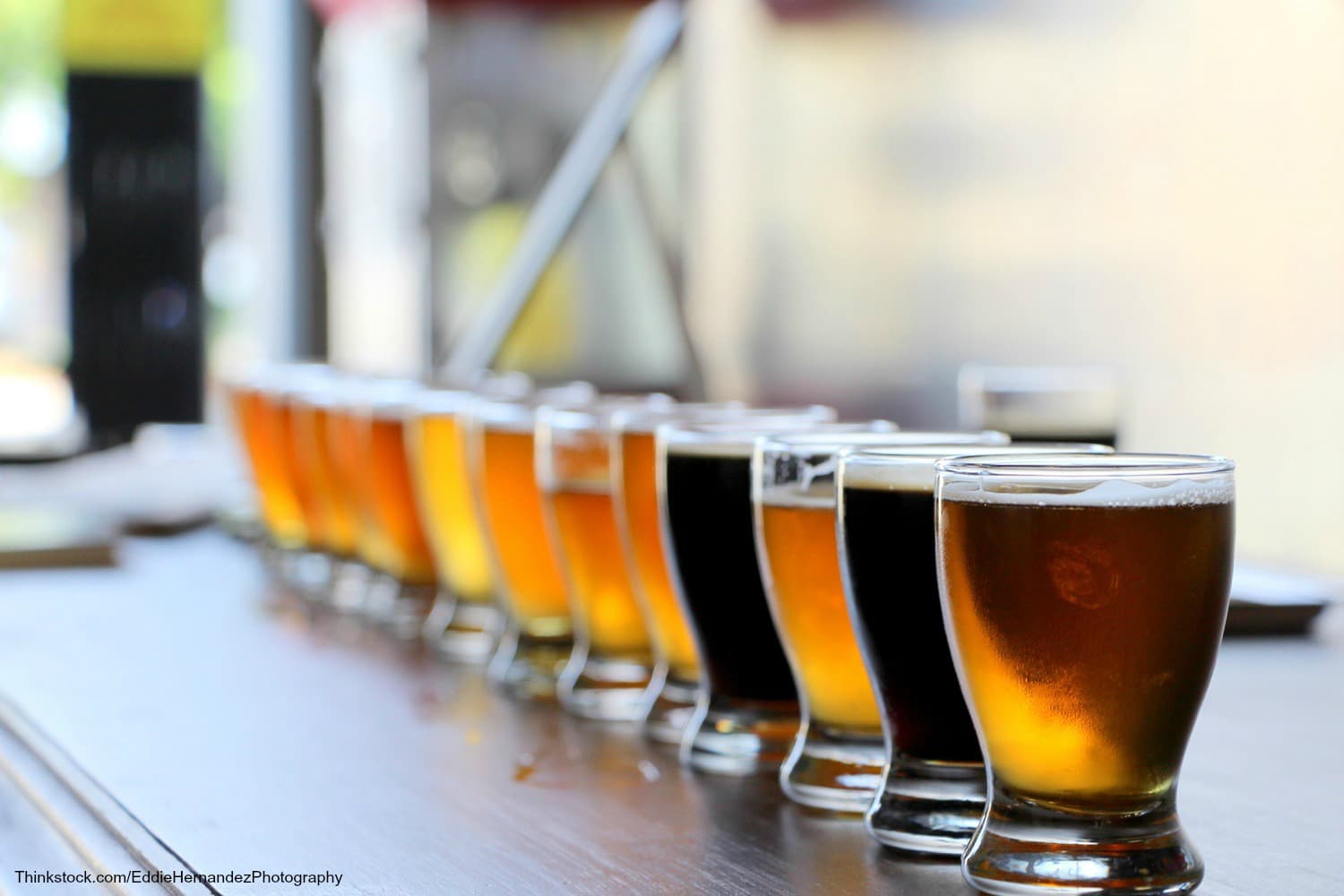 A line of various craft beers in small glasses on a bar.