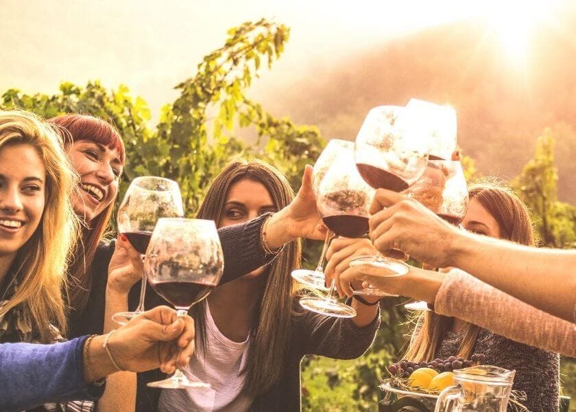 A group of friends joyfully toasting with glasses of red wine in a vineyard at sunset. A group of friends joyfully toasting with glasses of red wine in a vineyard at sunset.